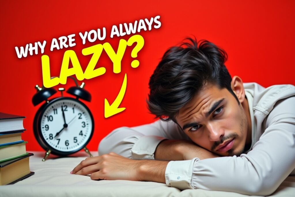 A young man with dark hair rests his head on his arms on a table, looking tired or unmotivated. A stack of colorful books and a black alarm clock showing 1010 sit beside him. The background is a vibrant red, and bold white and yellow text reads 'WHY ARE YOU ALWAYS LAZY' with a yellow question mark and arrow pointing down.